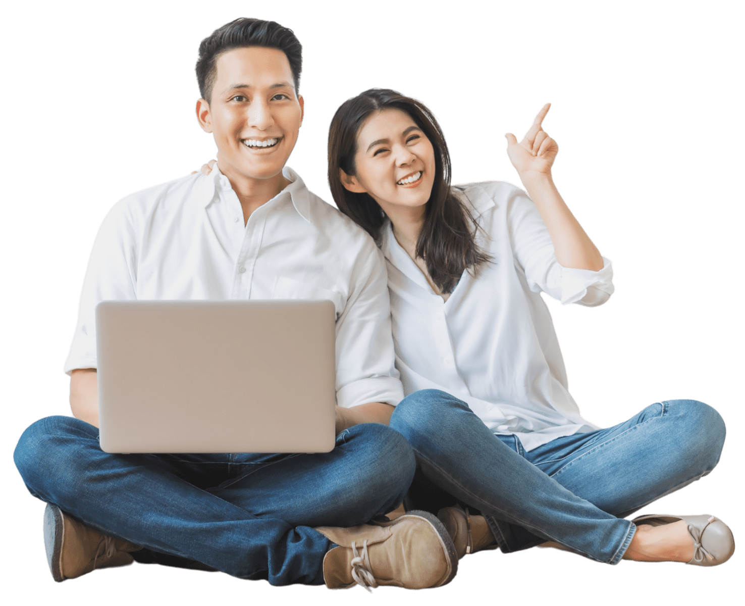 Asian couple sitting on floor using laptop in white background