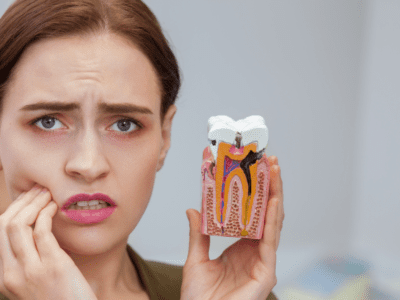 Woman experiencing tooth pain while holding a model of a tooth with decay